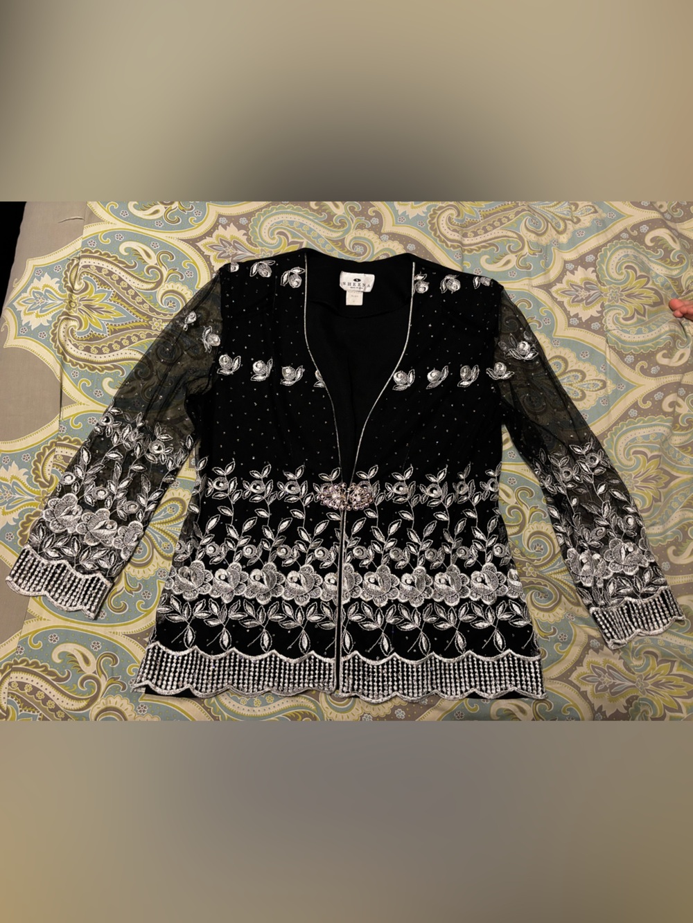Black Sheena Sheer Embroidered Jacket with Silver Floral Accents